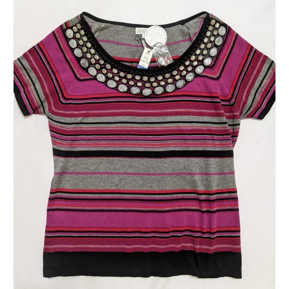 JOSEPH A. beaded pink black striped short sleeve top T-shirt sweater size XL new - Picture 1 of 6